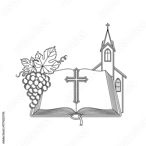 Christian Symbols with Open Bible, Church, and Grapes Line Art Vector