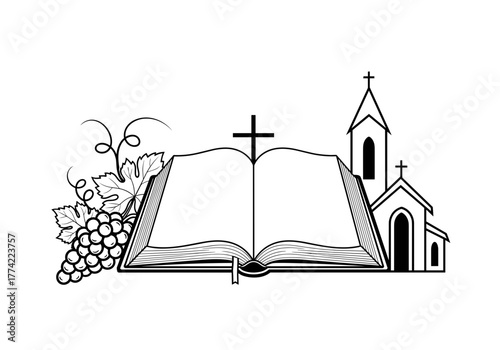 Christian Symbols with Open Bible, Church, and Grapes Outline Vector Illustration
