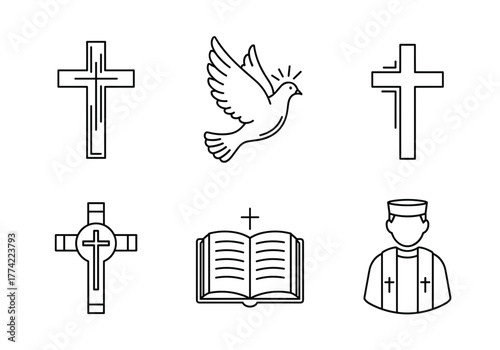 Christian Religious Symbols and Icons Outline Vector Set