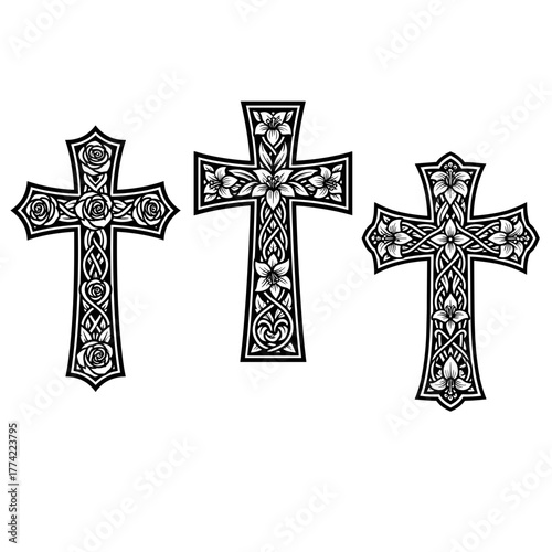 Decorative Celtic Crosses with Floral Ornaments Vector Illustration