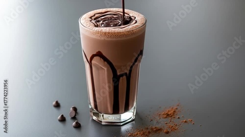 A chocolate milkshake with chocolate syrup dripping down the glass