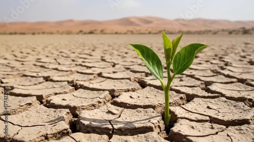 A lone green sprout emerges from cracked dry earth in a desert landscape