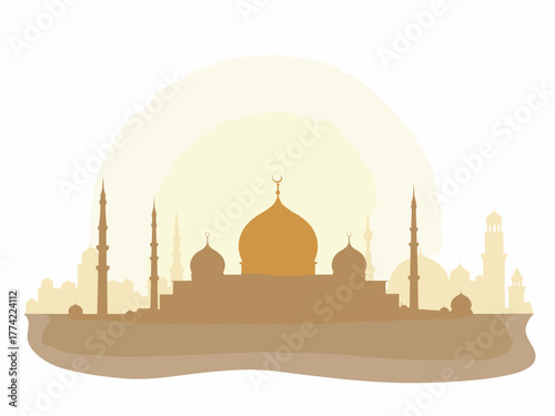An elegant silhouette of a majestic mosque with multiple domes and minarets against a warm, glowing sunrise.