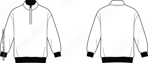Quarter zip pullover sweatshirt illustration, puff sleeve fashion flat sketch, apparel design template, garment construction drawing, clothing pattern outline, vector technical sketch