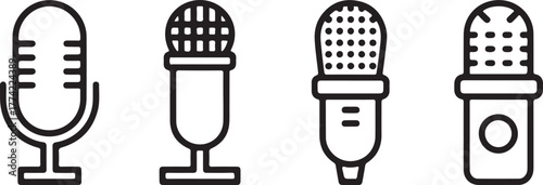 Studio Podcast and Voice Recording Microphone Outline Vector Icon Set