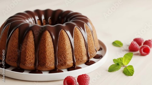 Chocolatedrizzled bundt cake with raspberries and mint