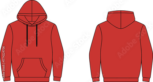 Red hoodie flat sketch, technical fashion drawing, apparel design template, front and back view, hooded sweatshirt, kangaroo pocket, ribbed cuffs illustration