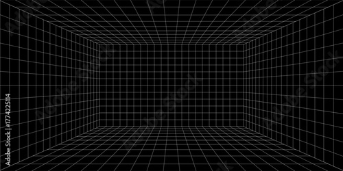 Futuristic perspective grid box. Abstract wireframe with white grid line on black background. Virtual reality landscape in 80s 90s digital style. Vector