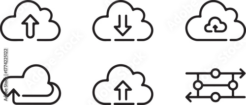 Cloud Data Transfer Sync and Process Flow Outline Vector Icon Set