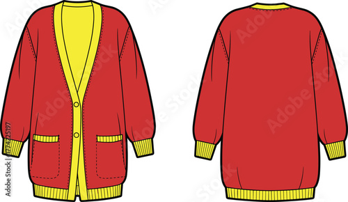Red cardigan flat sketch, technical fashion drawing, apparel design template, front and back view, V-neck, ribbed cuffs, patch pockets illustration