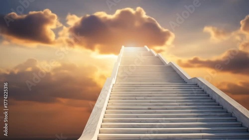 White marble stairs ascend into a bright cloudy sky