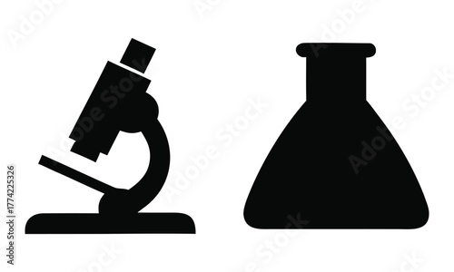 Black microscope and laboratory flask science icons on white background

