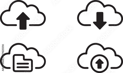 Cloud Storage Upload Download and File Outline Vector Icon Set