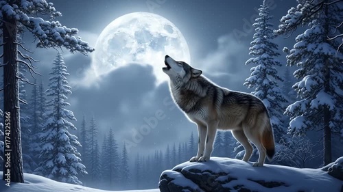 Wolf howling at a full moon in a snowy forest