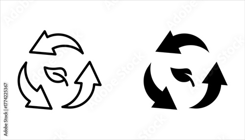 organic recycle icon set, eco recycle round, ecology circle refresh or restart, thin line symbol on white background