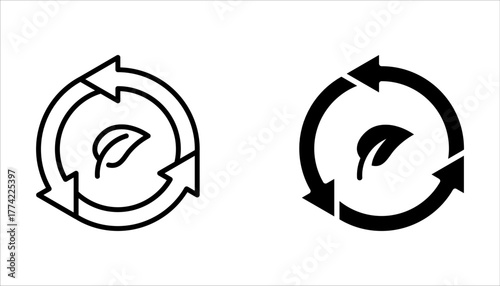 organic recycle icon set, eco recycle round, ecology circle refresh or restart, thin line symbol on white background