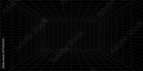 Room projection grid in futuristic 3d style. Outline futuristic grid background, room projection. Wireframe grid template in perspective view. Vector