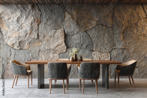 Elegant dining room with wood table, upholstered chairs, and stone wall.