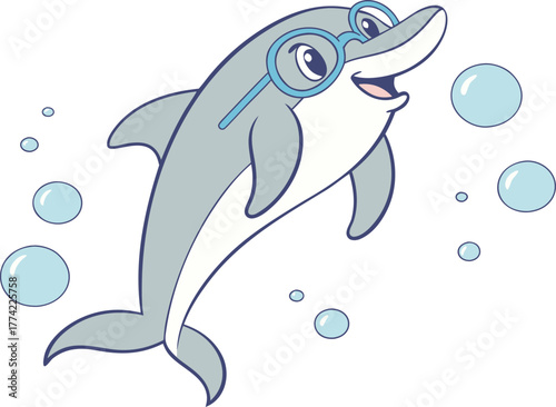 Playful cartoon dolphin wearing glasses leaps joyfully surrounded by bubbles, perfect for educational or fun aquatic themes.