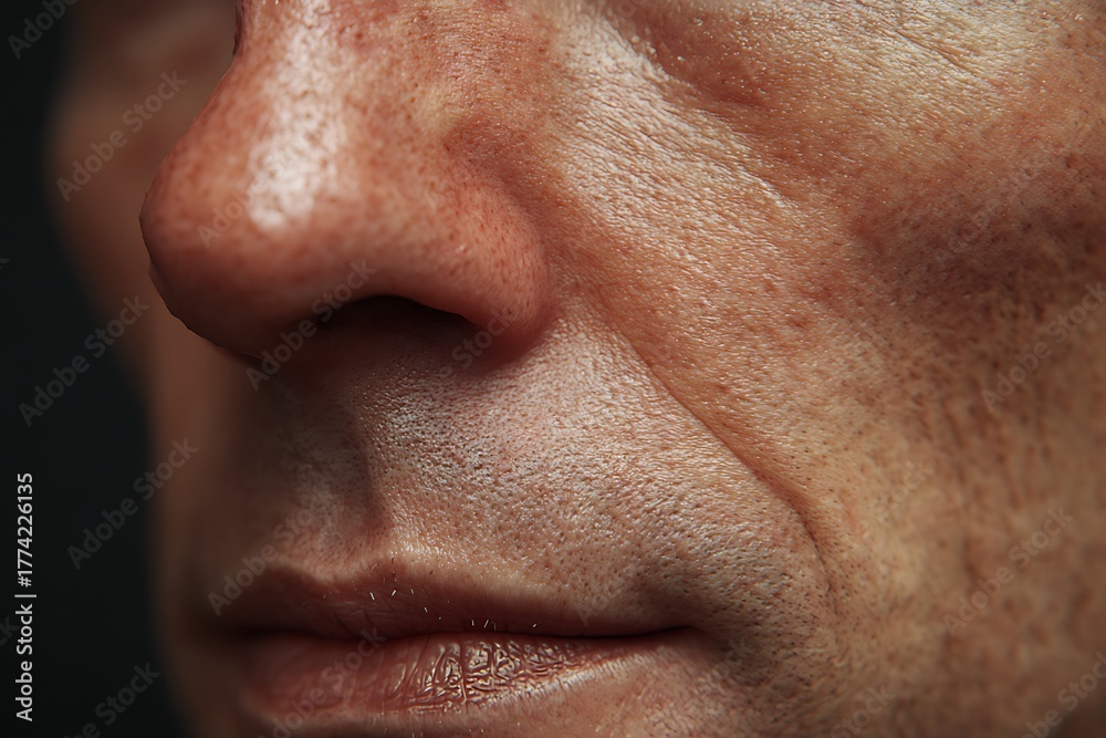 Fototapeta premium macro mouth corner mid-age, nasolabial folds visible, soft warm light