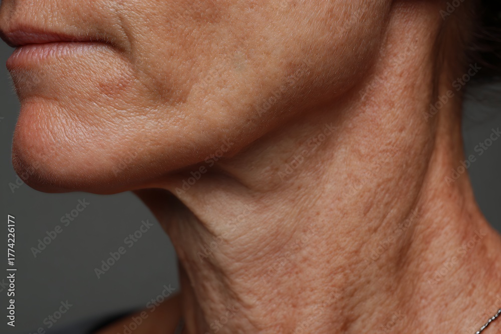 Naklejka premium macro neck skin mid-age, visible wrinkles, natural tone