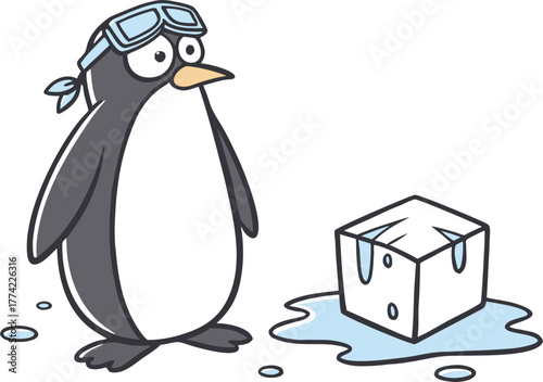 Sad penguin wearing goggles looks at melting ice cube, symbolizing climate change and environmental concern