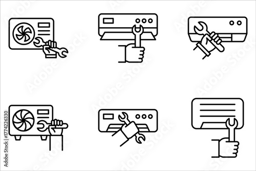 Ac installation linear icon set. Air conditioner. Climate control on white background