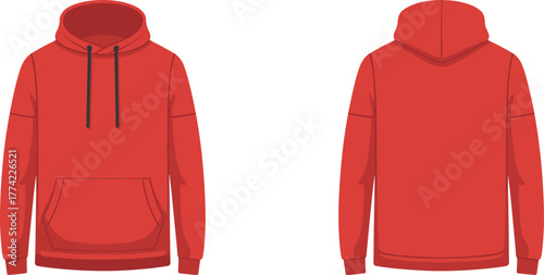 Red hoodie flat sketch, technical fashion drawing, apparel design template, front and back view, hooded sweatshirt, kangaroo pocket, ribbed cuffs illustration