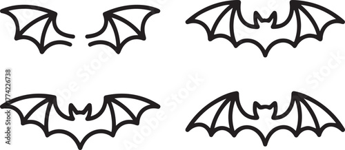 Halloween Flying Bat and Wings Outline Vector Icon Set