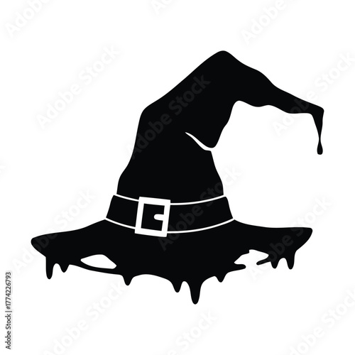 Spooky melting black witch hat graphic with dripping details, perfect for Halloween celebrations, costume parties, and mystical themed design elements