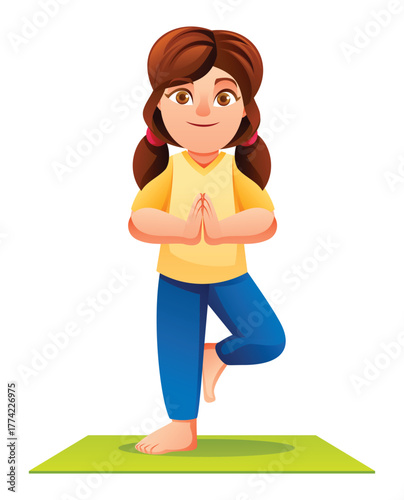 Cute girl practicing the Tree Pose (Vrikshasana) on a mat, standing on one leg with hands in Namaste position. Vector cartoon character illustration