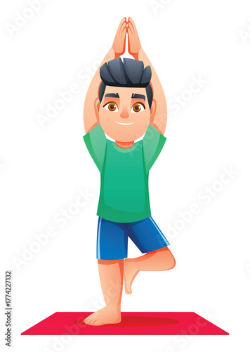 Young boy practicing the Tree Pose (Vrikshasana) on a mat, standing on one leg with hands raised above his head. Vector cartoon character illustration
