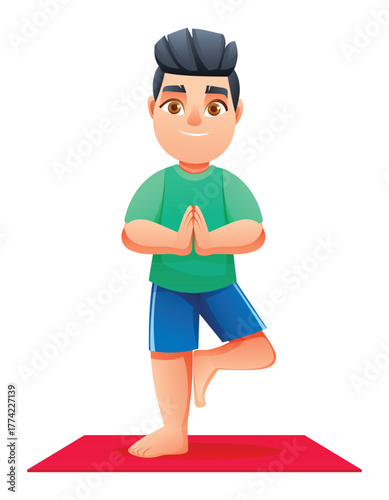 Young boy practicing the Tree Pose (Vrikshasana) on a mat, standing on one leg with hands in Namaste position. Vector cartoon character illustration