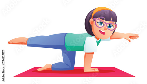 Smiling woman with glasses practicing the Bird Dog Pose (Chakravakasana) on a mat, balancing arm and leg. Vector cartoon character illustration