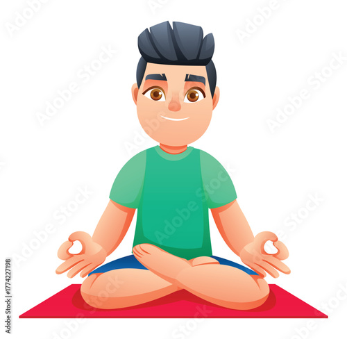 Young boy practicing the Lotus Pose (Padmasana) on a mat, sitting cross-legged with hands in Gyan Mudra. Vector cartoon character illustration