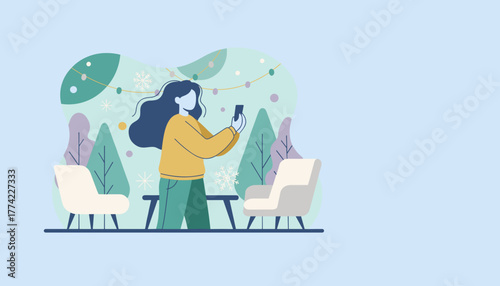 Illustrated woman capturing a winter scene with a phone among cozy patio furniture and snow
