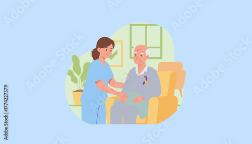 Caretaker supports elderly patient with awareness ribbon in home Healthcare nursing and compassion concept