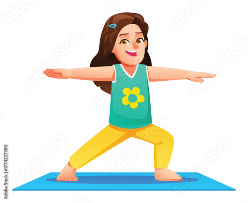 Smiling girl practicing Warrior II Pose (Virabhadrasana II) on a mat, standing in a wide lunge with arms extended. Vector cartoon character illustration