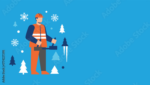Professional worker operating snow removal equipment in winter uniform Flat vector design