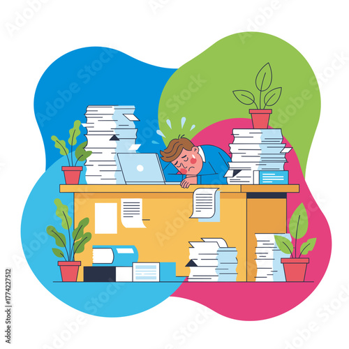 Office burnout Stressed worker sleeps on desk overwhelmed by stacks of paperwork and deadlines