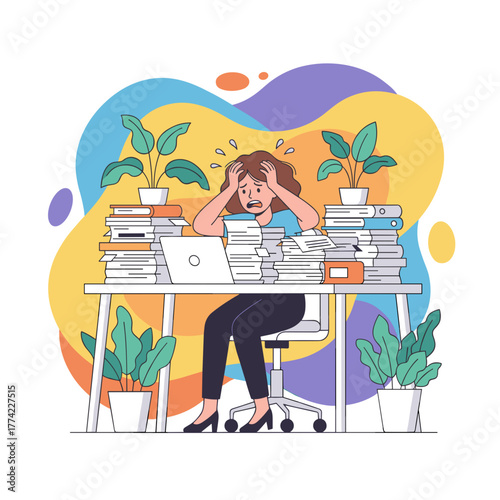 Burnout Stressed woman buried under paperwork and documents at her office desk