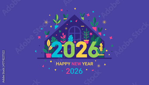 Happy New Year 2026 banner with house colorful plants and confetti Home growth and hope concepts