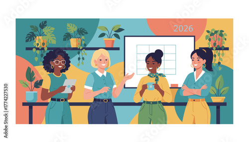 Diverse professional women planning and collaborating in a modern plantfilled office environment