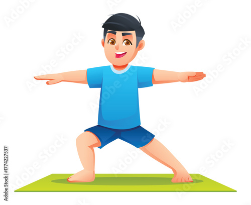 Boy practicing Warrior II Pose (Virabhadrasana II) on a mat, standing in a wide lunge with arms extended horizontally. Vector cartoon character illustration
