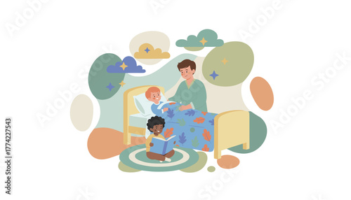 Dad tucks one child into bed while another reads on the floor Cozy family bedtime routine