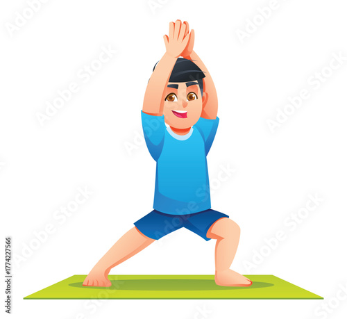 Smiling boy practicing Warrior I Pose (Virabhadrasana I) on a mat, standing in a lunge with hands clasped above his head. Vector cartoon character illustration