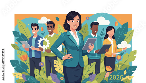 Confident business leader and diverse team planning the future 2026 with tech and nature integration