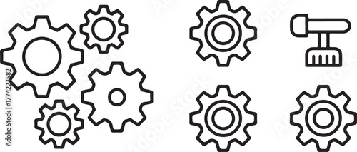Industrial Gear Cogwheel and Mechanical Outline Vector Icon Set