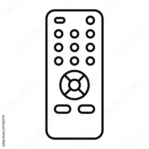 Remote control vector icon. Black line art of TV controller with buttons and navigation pad. Electronic device symbol for media and smart home interface design.