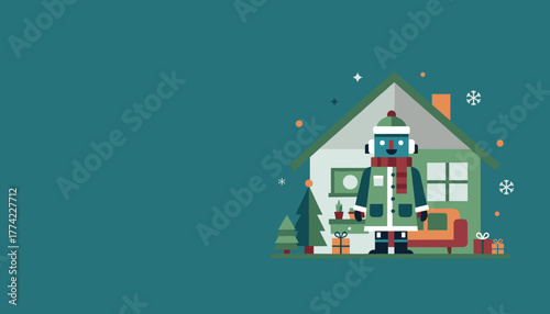 Friendly robot in winter gear stands outside a cozy geometric house decorated for the holidays Copy space